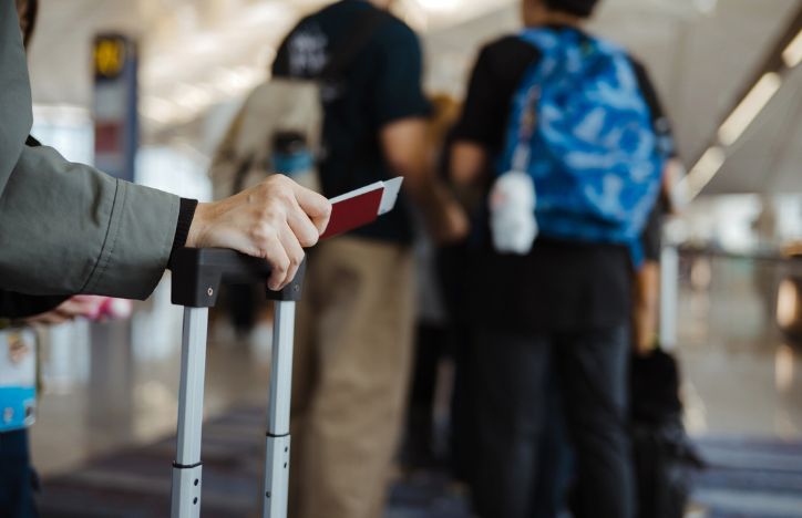 A Close Up Of A Person's Hand At The Airport Holding Their Passport And Suitcase