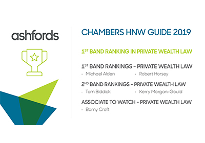 Ashfords LLPs’ private wealth team recognised by Chambers HNW Guide 2019