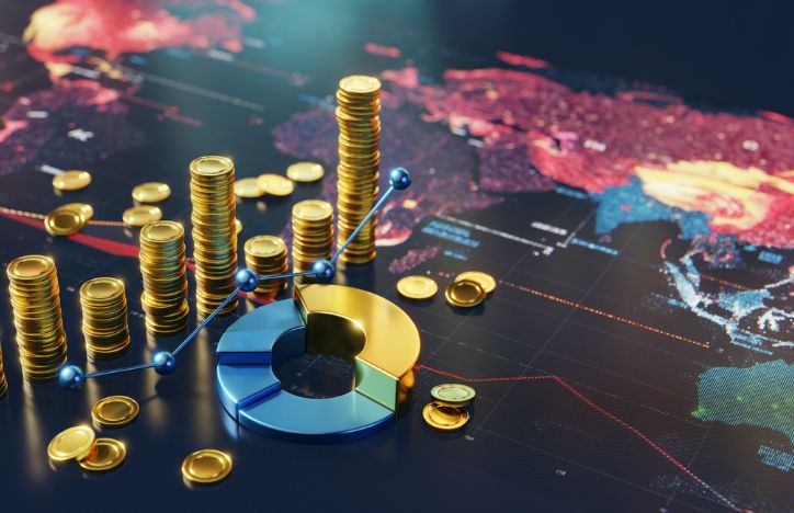 Global Financial Trends Displayed Through Coins, Graphs, And A World Map Visualization