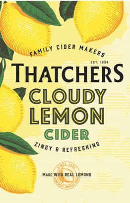 The branding of Thatchers'Cloudy Lemon Cider, featuring yellow packaging with lemons forming a border