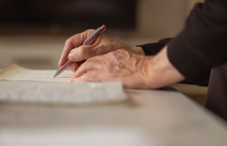 Hands Of An Elderly Person Writing Notes On Paper
