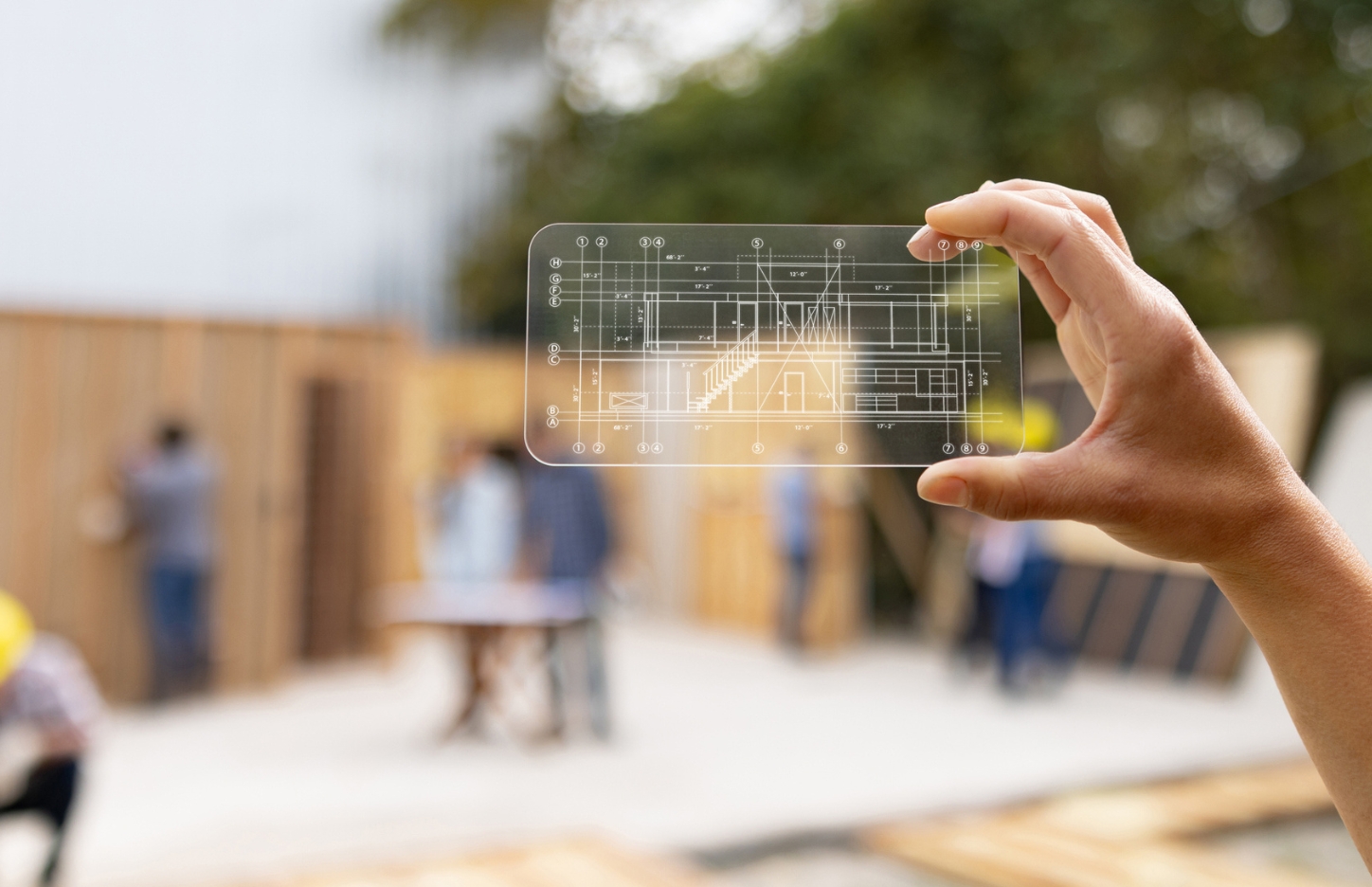 Architect At A Construction Site Looking At A Blueprint Using An Interactive Screen