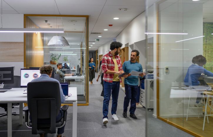 Colleagues Walking Through Busy Office