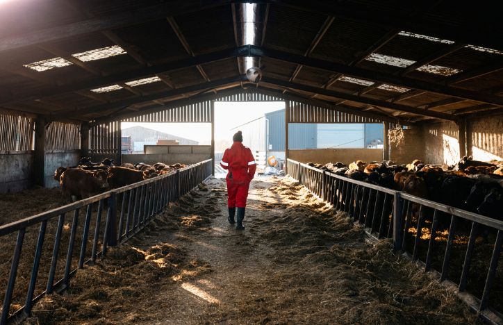 Farmer Checking On Cows In A Barn
